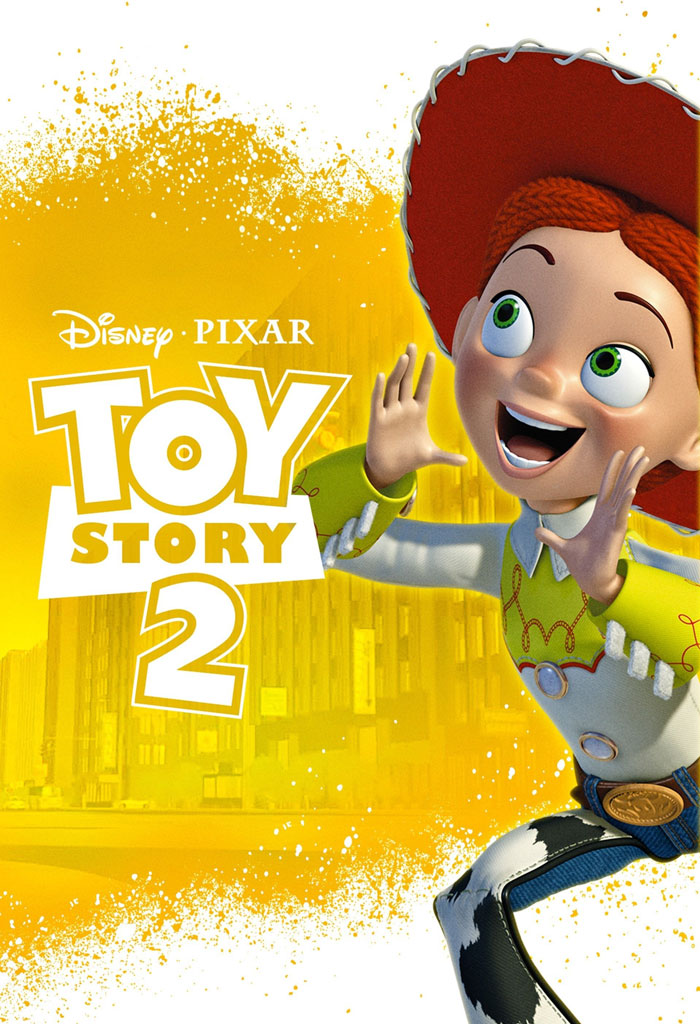 Toy Story 2 movie poster with a character excitedly posing against a yellow background, from '90s kids movies.
