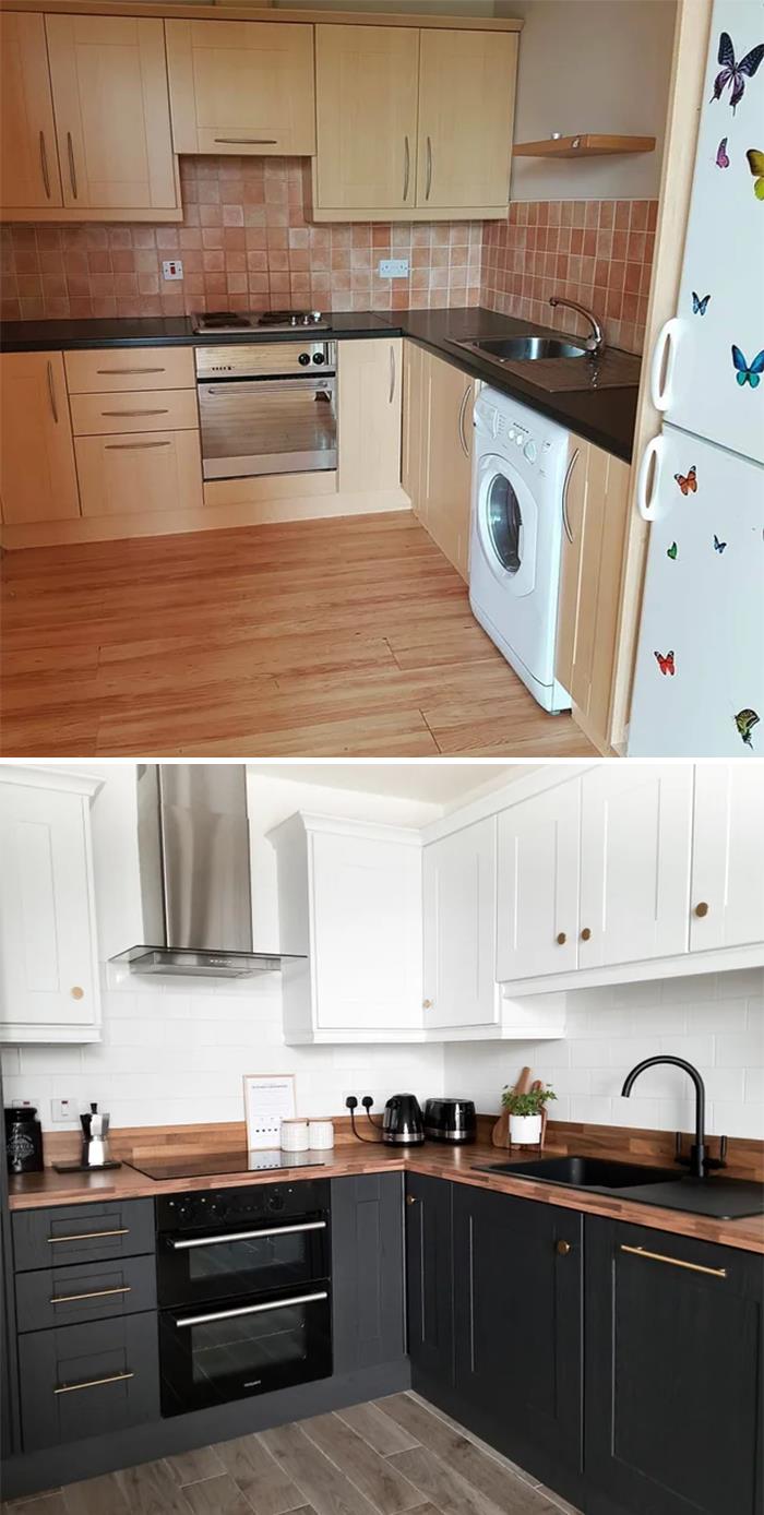 Antes y después de la cocina de mi pequeño apartamento. ¡No echo de menos el naranja! (Louth, Irlanda)