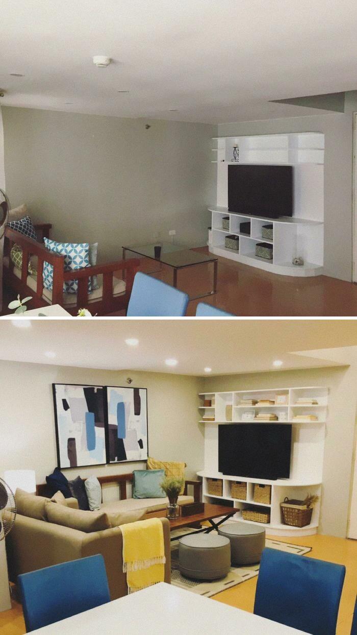Living Room Before-And-After. Had To Work With The Existing Dining Table And Chairs, And Media Cabinet. Feels More Home-Y Now!
