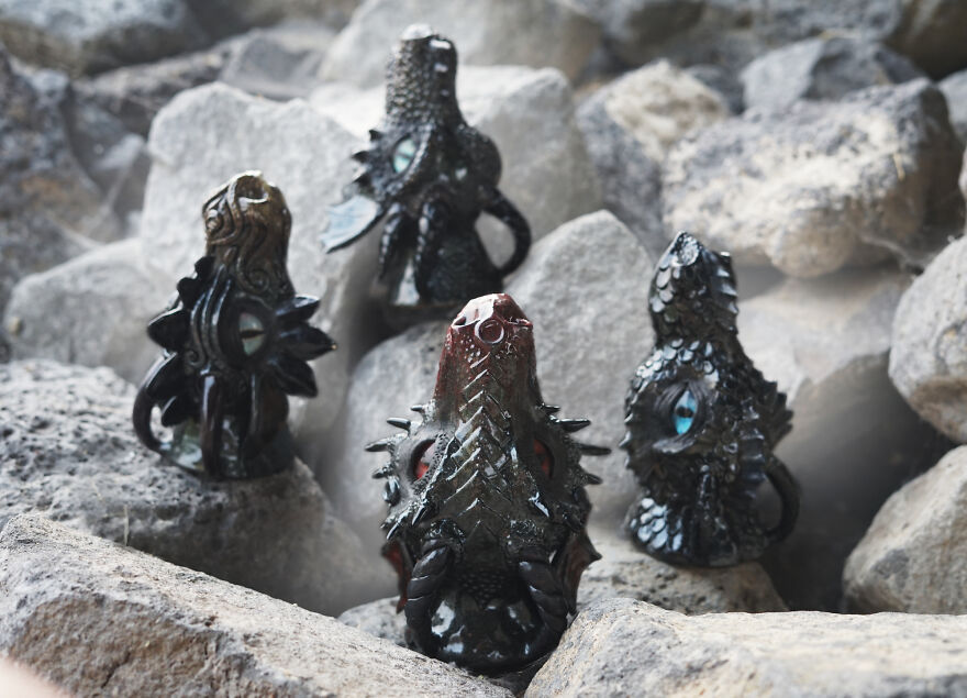 These four elements dragon cups were really fun to sculpt! They are glazed in a black glaze with lots of sparkles