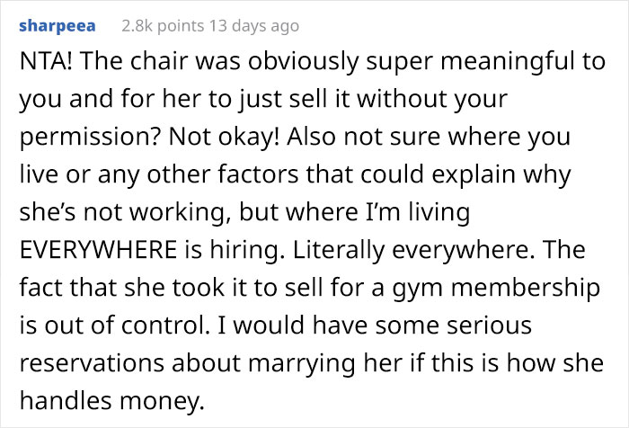 Broke Woman Sells Her Fiancé's Deceased Brother's Gaming Chair So She Could Go To The Gym
