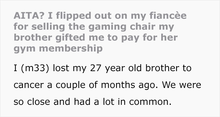 Broke Woman Sells Her Fiancé's Deceased Brother's Gaming Chair So She Could Go To The Gym Broke Woman Sells Her Fiancé's Deceased Brother's Gaming Chair So She Could Go To The Gym