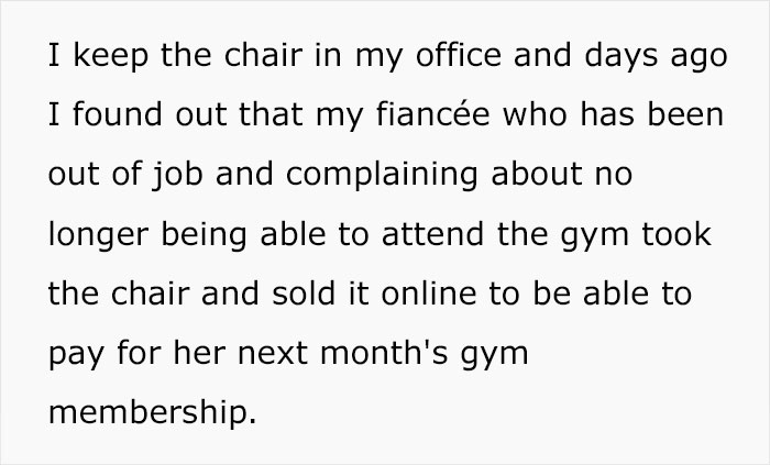 Broke Woman Sells Her Fiancé's Deceased Brother's Gaming Chair So She Could Go To The Gym
