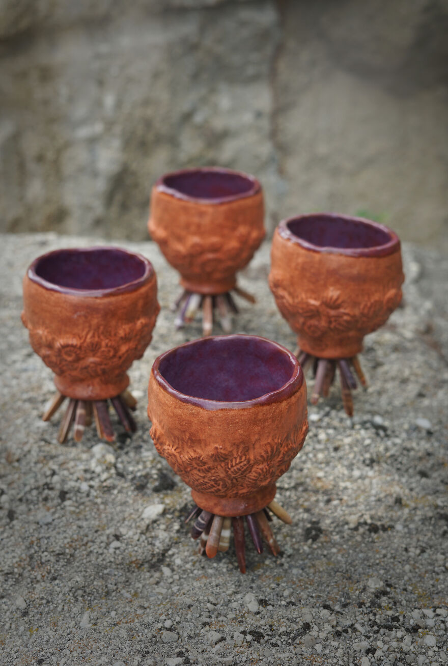 I made these cups inspired by fossils, with a base of real fossilized sea urchin spines
