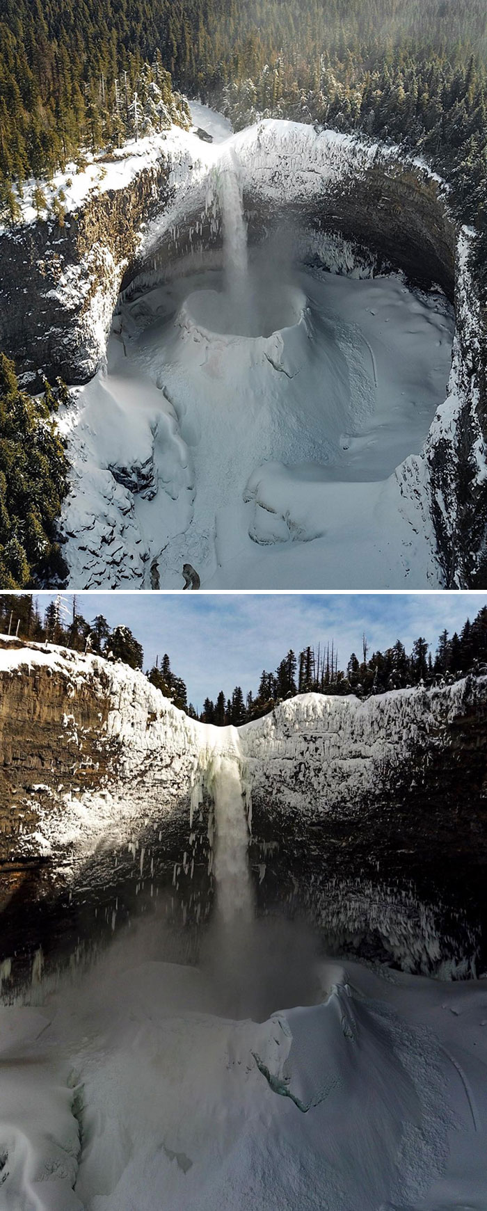 Las temperaturas de congelación crean el entorno perfecto para que el agua en caída libre forme un enorme "cráter de hielo" en el fondo de las cataratas