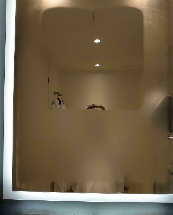 The Mirror In My Hotel Bathroom Has An Antifog Section. Unfortunately, I'm 5'2"