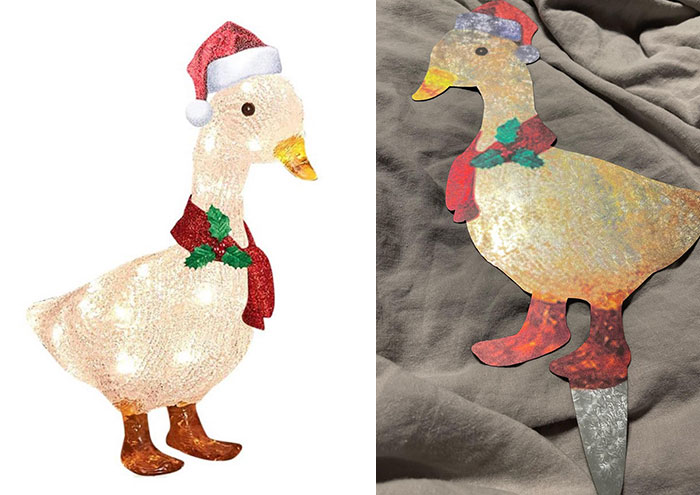 What I Expected On The Left, A Cute Light Up Christmas Duck vs. What I Got