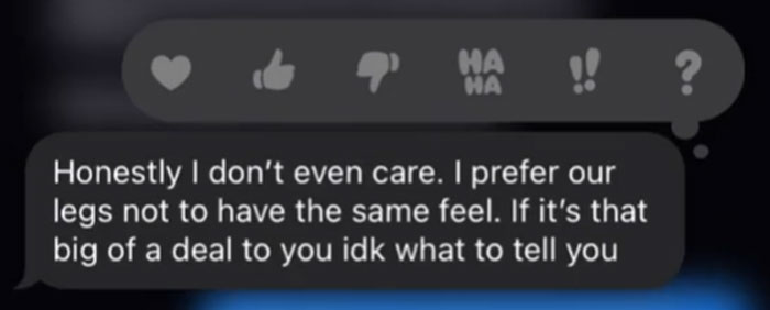 Woman Sends Her Boyfriend A Pic Of Her Hairy Legs To Have A Laugh, Doesn't Expect He Would Respond By Shaming Her Woman Sends Her Boyfriend A Pic Of Her Hairy Legs To Have A Laugh, Doesn't Expect He Would Respond By Shaming Her