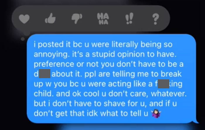 Woman Sends Her Boyfriend A Pic Of Her Hairy Legs To Have A Laugh, Doesn't Expect He Would Respond By Shaming Her Woman Sends Her Boyfriend A Pic Of Her Hairy Legs To Have A Laugh, Doesn't Expect He Would Respond By Shaming Her