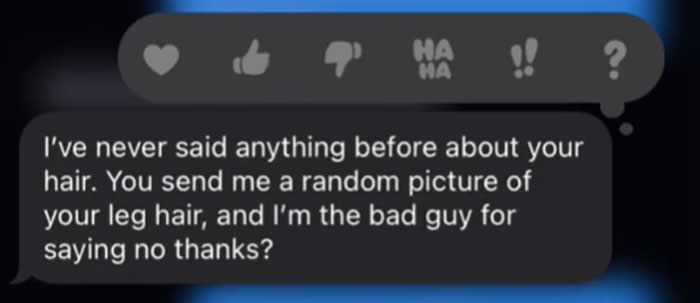 Woman Sends Her Boyfriend A Pic Of Her Hairy Legs To Have A Laugh, Doesn't Expect He Would Respond By Shaming Her Woman Sends Her Boyfriend A Pic Of Her Hairy Legs To Have A Laugh, Doesn't Expect He Would Respond By Shaming Her