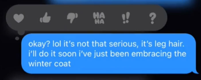 Woman Sends Her Boyfriend A Pic Of Her Hairy Legs To Have A Laugh, Doesn't Expect He Would Respond By Shaming Her Woman Sends Her Boyfriend A Pic Of Her Hairy Legs To Have A Laugh, Doesn't Expect He Would Respond By Shaming Her