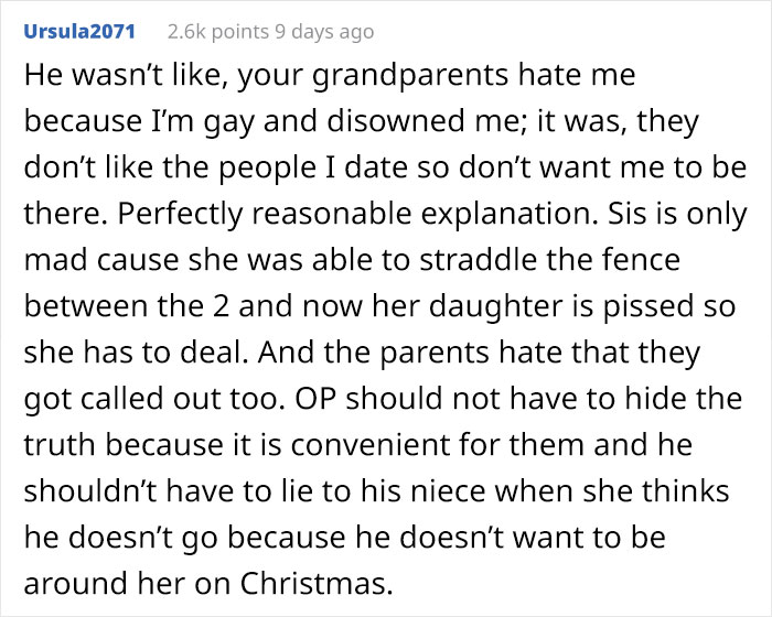 Gay Man Explains His Sexuality Is The Reason He's Not Invited To Christmas Gatherings At Grandparents', 10 Y.O. Niece Confronts Them Gay Man Explains His Sexuality Is The Reason He's Not Invited To Christmas Gatherings At Grandparents', 10 Y.O. Niece Confronts Them