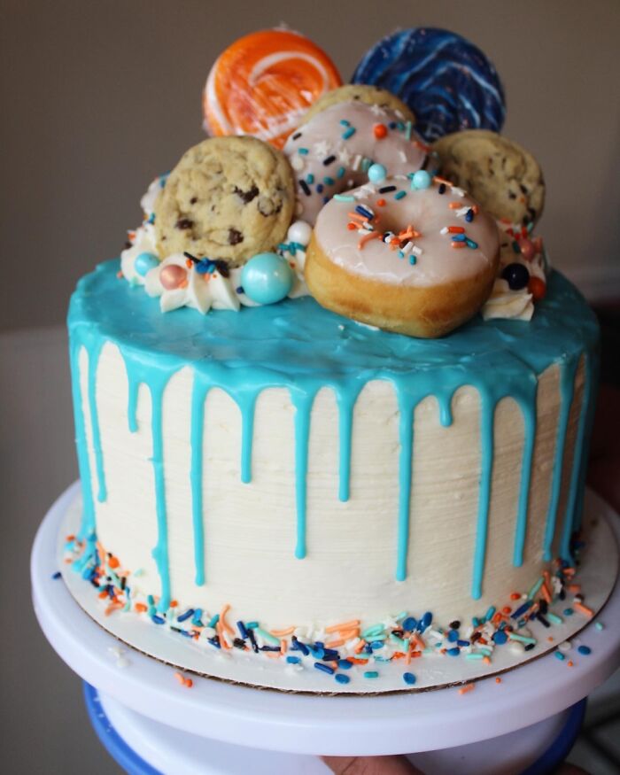 Vanilla Funfetti Cake With Fresh Made Donuts And Cookies On Top