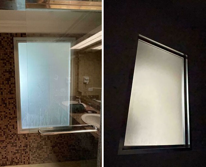 (Left) Oh Look How Cute The Natural Light In This Hotel Shower Flows In Through This Window. (Right) The View From The Bed At 4AM When My Wife Has To Pee