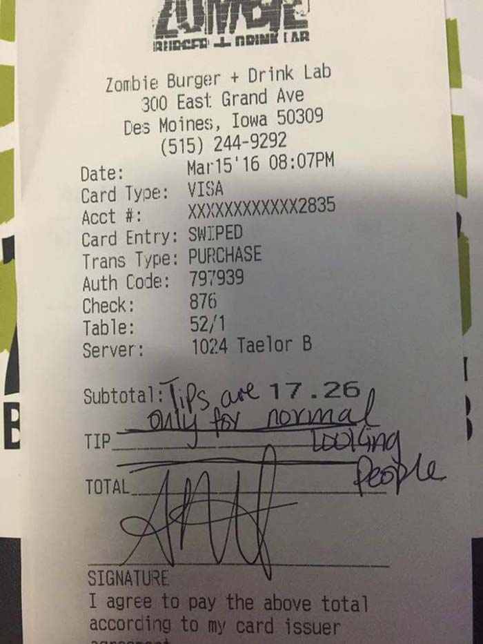 Waitress Told 'Tips Are Only For Normal Looking People'