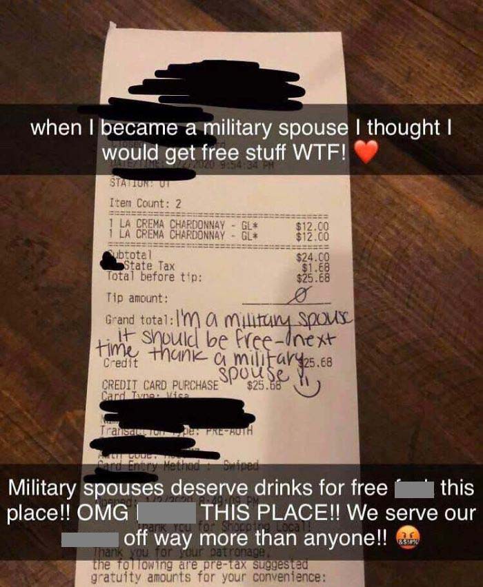 Entitled Military Spouse Demands Free Meals