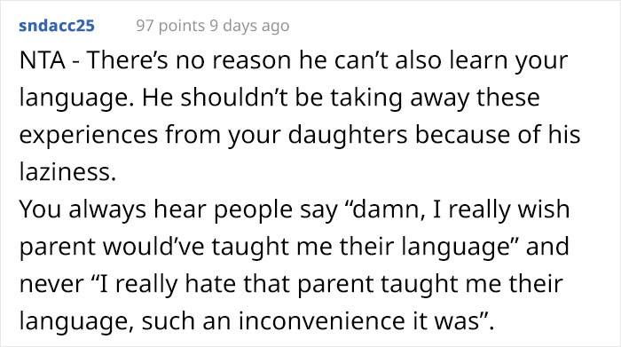 'They Have No Need To Learn A Second Language': Man Demands His Bilingual Wife Not Teach Their Daughters Her Native Language 'They Have No Need To Learn A Second Language': Man Demands His Bilingual Wife Not Teach Their Daughters Her Native Language