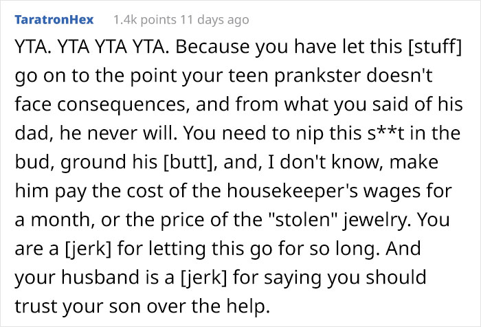 "Prankster" Son Tries To Get Housekeeper Fired By Sneaking His Mom’s Jewelry Into Her Purse, Dad Is Outraged The Mom Called Him Out For It