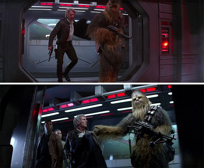 En Star Wars: El Despertar De La Fuerza (2015), a Han se le cae la parka al suelo cuando llega a la base Starkiller