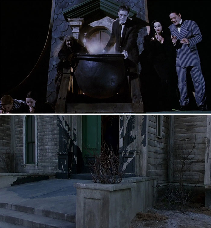 In The Addams Family (1991), They Pour Boiling Oil On Some Christmas Carollers At The Start Of The Movie. You Can Still See The Stains From The Oil At The End Of The Movie