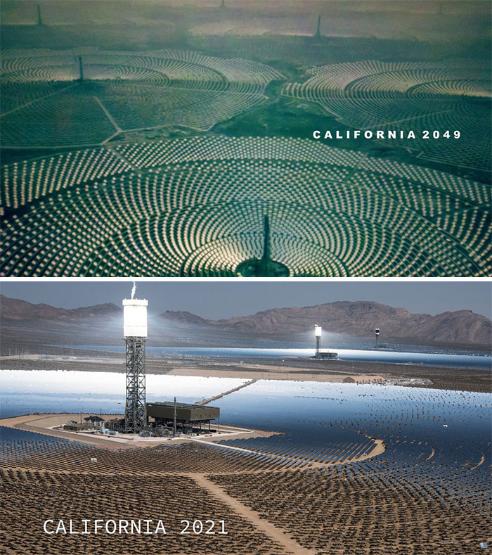 La escena inicial de "Bladerunner 2049" (2017) muestra gigantescas granjas de concentración solar, que están basadas en el sistema de generación eléctrica solar Ivanpah de la vida real en el desierto de Mojave