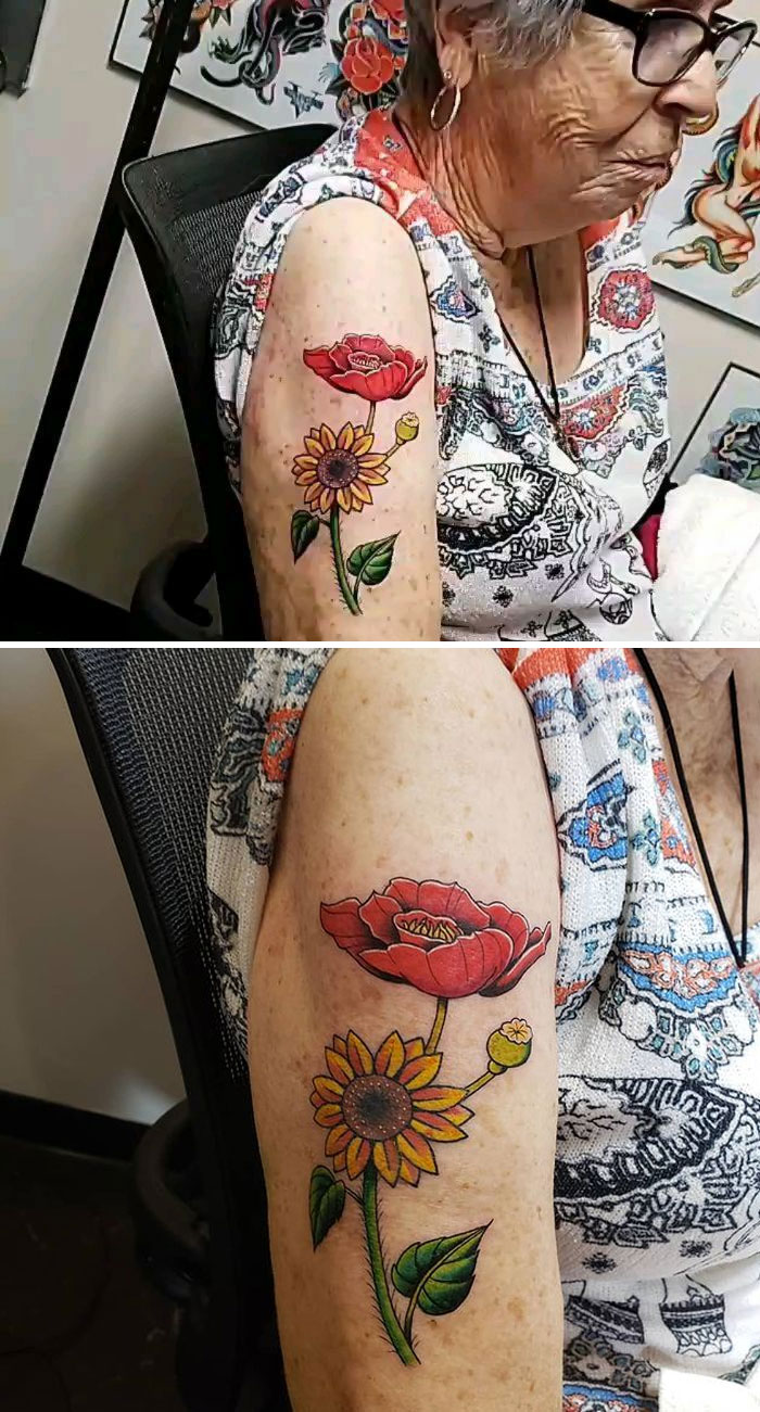 I Had The Best Day Ever Adding On To My Grandma's Arm! She Now Has A Poppy And A Sunflower, Two Flowers Her And My Granddad Were Super Serious About Growing