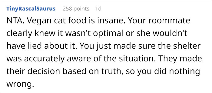 Woman Wanted To Get A Cat And Feed It Vegan Dry Food, Roommate Passes That On To The Shelter Worker And They Decline Her Application Woman Wanted To Get A Cat And Feed It Vegan Dry Food, Roommate Passes That On To The Shelter Worker And They Decline Her Application