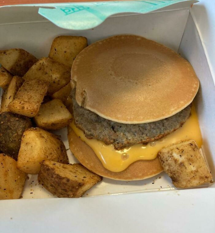 My Kid's School Lunch Today. Pancake Sausage Burger With Cheese
