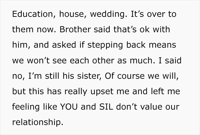 "Didn't Invite Me Because My Husband And I 'Are Never Available'": Brother Doesn’t Involve Sis In Wedding Plans Even Though She’s Paying For It "Didn't Invite Me Because My Husband And I 'Are Never Available'": Brother Doesn’t Involve Sis In Wedding Plans Even Though She’s Paying For It