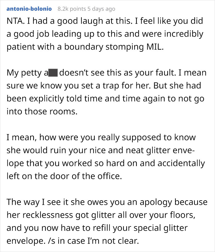Woman Sets Up A 'Glitter Trap' For Nosey Mother-In-Law To Catch Her In The Act, Wonders If She Went Too Far