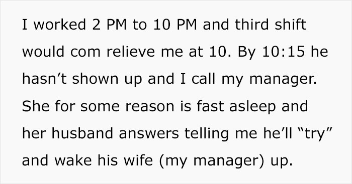“Do Not Tell Anyone About Last Night”: Manager Won’t Pick Up Her Phone So Gas Station Employee Leaves The Store Unlocked Because Nobody Showed Up To Relieve Them “Do Not Tell Anyone About Last Night”: Manager Won’t Pick Up Her Phone So Gas Station Employee Leaves The Store Unlocked Because Nobody Showed Up To Relieve Them