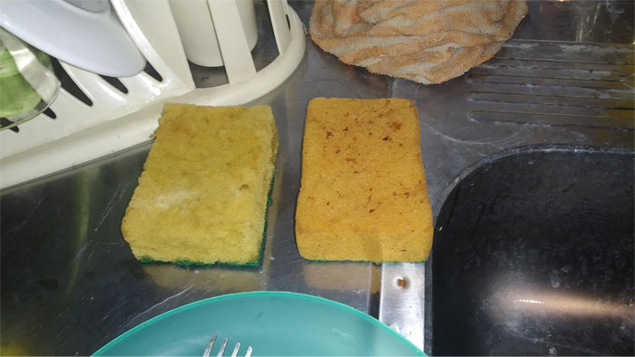 I Was At An Airbnb With This Extremely Dirty Sponge (Left). We Asked The Owner For A Cleaner One And She Gave Us This (Right)