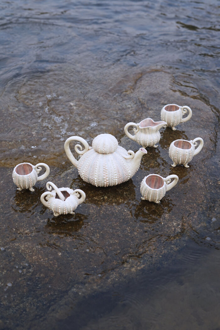 Nature-inspired ceramic tea set with seashell design displayed on wet rocks.