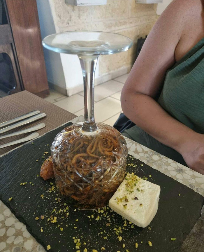 Friend's Mother Went To A Restaurant And Got A Glass Of Pasta! Upside Down!