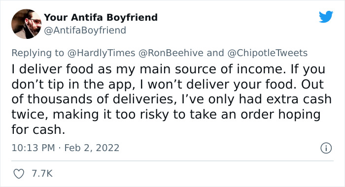 Man Slams Chipotle For Capping Delivery Driver Tips At 50%, Chipotle Explains Why But Their Answer Seems To Anger People Even More Man Slams Chipotle For Capping Delivery Driver Tips At 50%, Chipotle Explains Why But Their Answer Seems To Anger People Even More