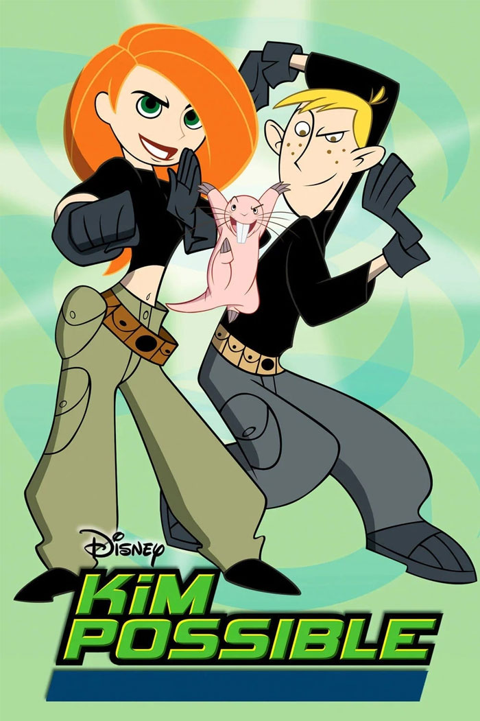 Poster for "Kim Possible" featuring Kim, Ron and Rufus