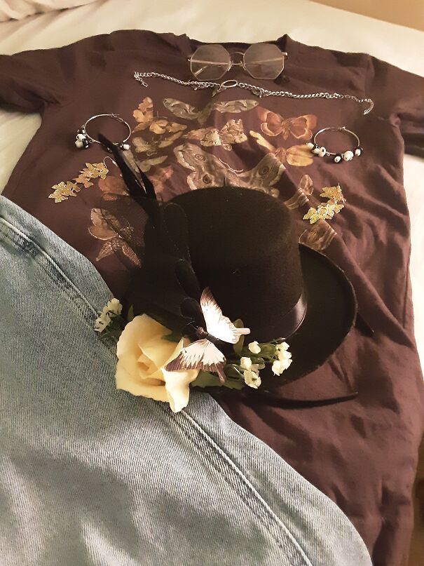 This Is My Favorite Outfit, Along With My Glasses. Moth Choker, Moth Shirt, Moth Hat (I Made The Hat), Moth Earrings, Mushroom Earrings For My Second Piercing, Light Jeans. I Also Collect Candles And Cool Rocks.