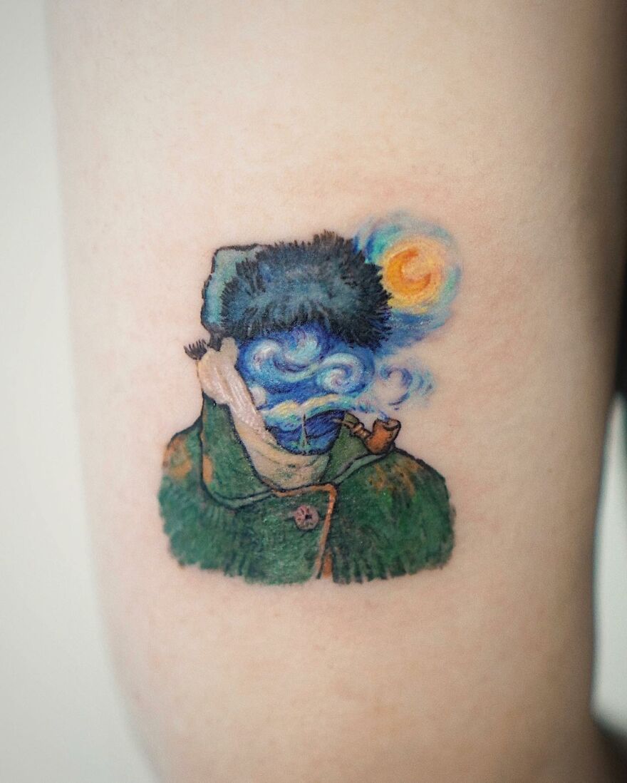 Painting-like tattoo of a man with a pipe, swirling blue sky, and a bright star on skin.