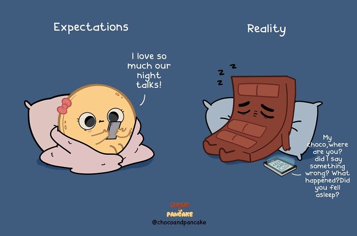 Cute illustration of a long-distance relationship with "Expectations" versus "Reality" featuring cookies and chocolate.