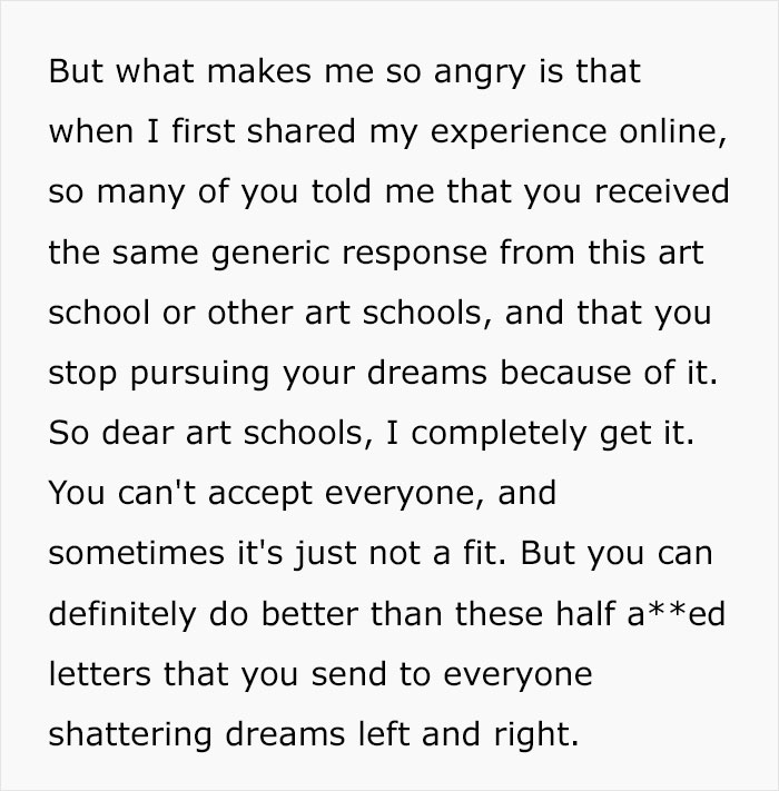 Guy calls a prestigious art school to smash people's dreams into plain letters.