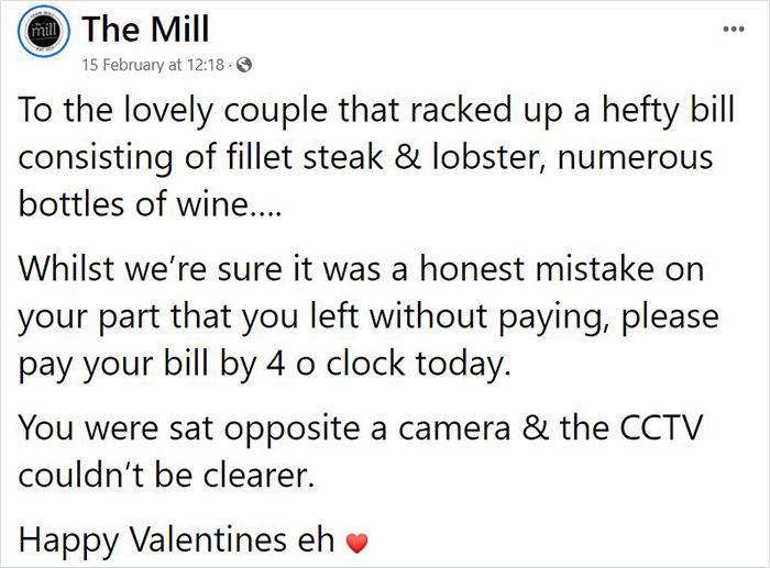 A Pub Goes To Facebook To Call Out The “Lovely Couple” That Left Without Paying Their Valentine’s Day Bill Of $244