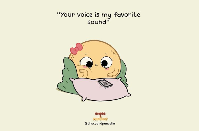 Cute character in a long-distance relationship, cuddling a pillow with a phone, captioned "Your voice is my favorite sound".