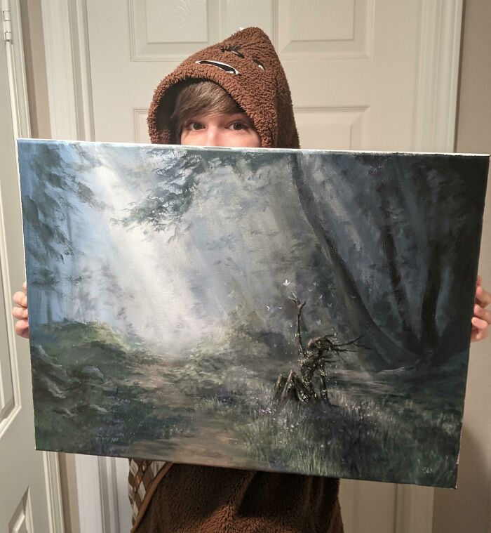 Esta es la pintura inspirada en Skyrim que mi esposa acaba de terminar, Descanso en la naturaleza
