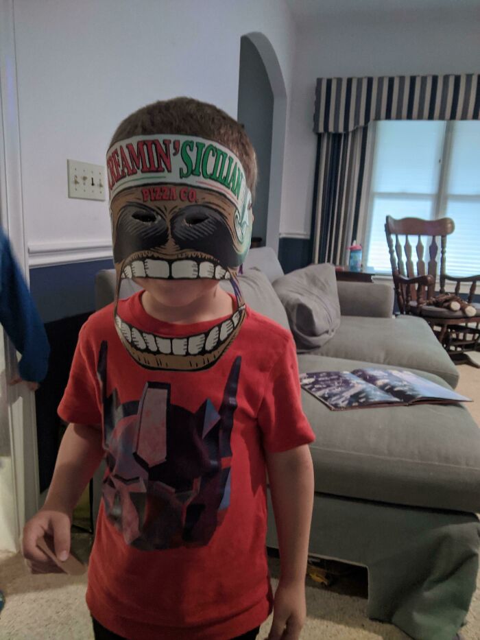 Sil's Kid Wanted The "Scary Man Mask" Cut The A Pizza Box And Chased My Son While Screaming Like A Demon. They Both Had A Blast...