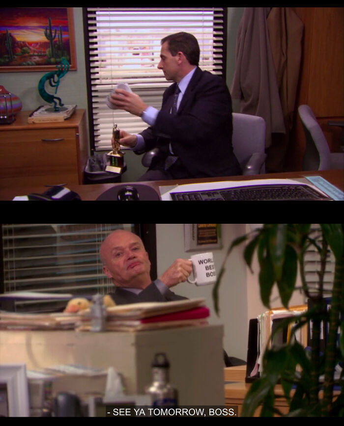 In "The Office S07e22: Goodbye Michael", Michael Throws His Coveted 'World's Best Boss' Mug Into The Trash Can. At The End Of The Episode, Creed Is Seen Drinking From It