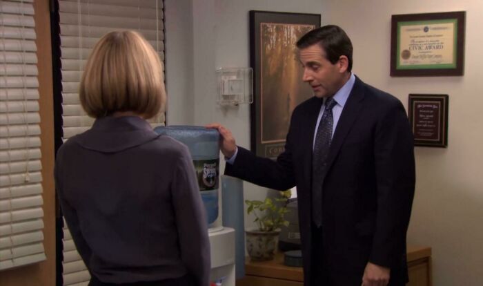 [the Office S7e18] You Can See That There Are No Cups In The Dispenser By The Water Jug Because They’ve Switched To The Metallic Sabre Thermoses In The Previous Season