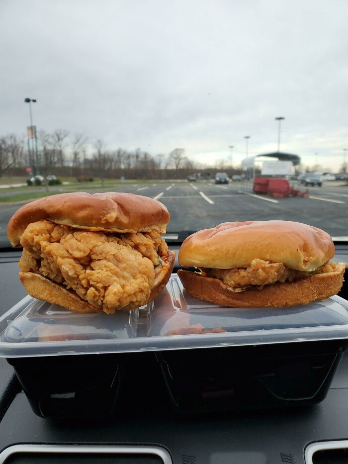 This Popeyes (Left) Chicken Sandwich vs. A KFC Chicken Sandwich. Both $3.99