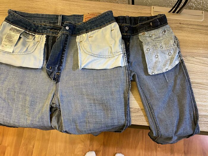 My Pockets On The Left, Adult Women’s Jeans. My 4-Year-Old Son’s Jeans On The Right, Size 4T Boys Jeans