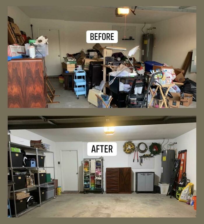 I’m Finally Done Clearing Out My Depression Nest Of A Garage After Weeks Of Hard Work. I Donated 55 Trash Bags Full Of Stuff And Threw Away 12 Cubic Feet Of Garbage. I Can Park My Car In There For The First Time In A Year.