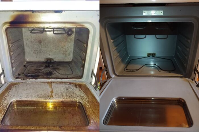Before And After Cleaning An Old Oven. Pretty Sure The Previous Renters Never Cleaned It.